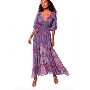MISA Los Angeles Pippa Floral Tiered Maxi Dress Night Blooms L Open Back $375